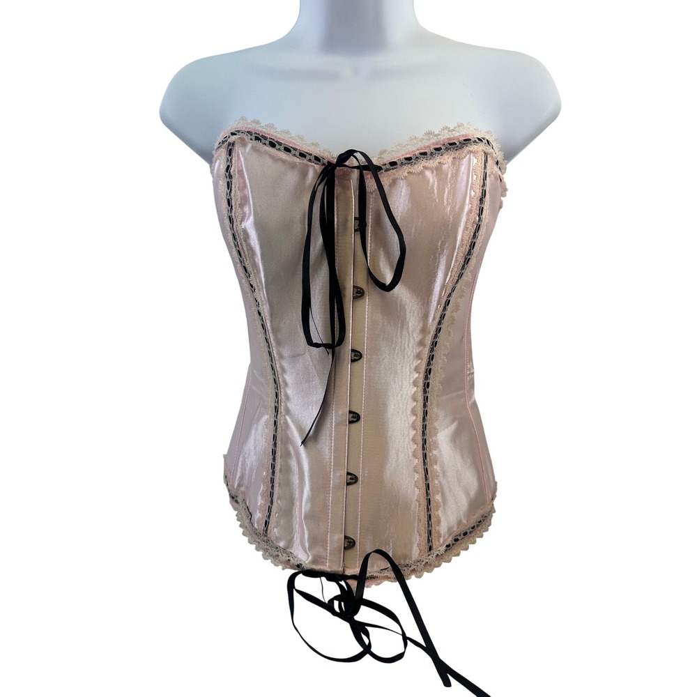 Corset Top Pink Coquette Lace Trim Bustier Busk Burlesque Closure Women Small